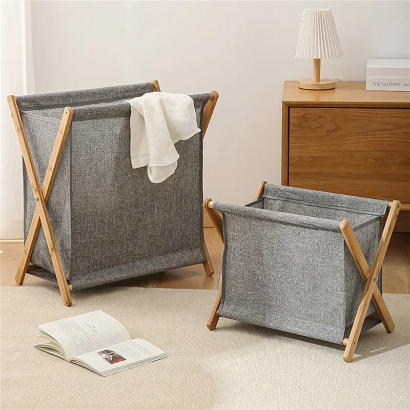 Collapsible Bamboo Frame Laundry Hamper Clothes Storage Basket for Bathroom Bedroom Size S