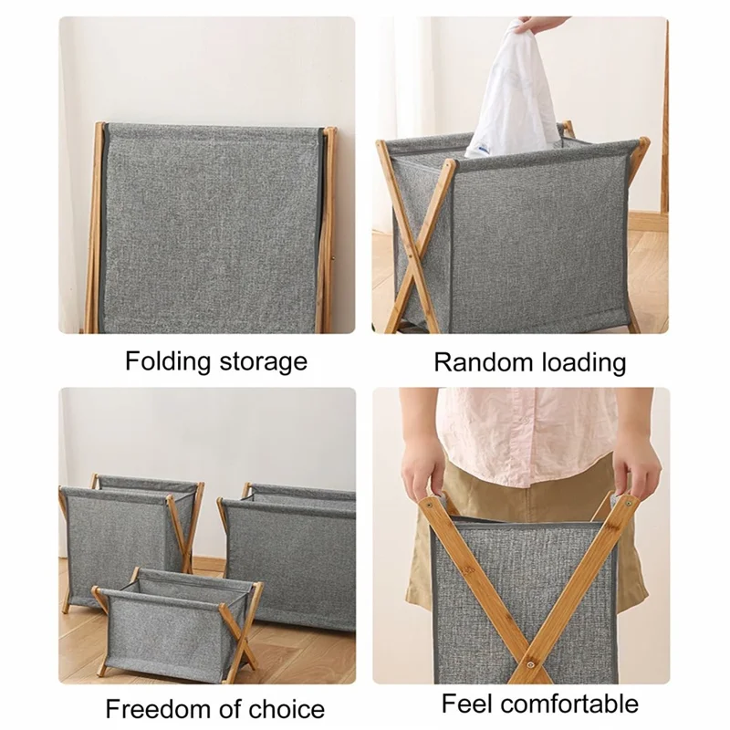 Collapsible Bamboo Frame Laundry Hamper Clothes Storage Basket for Bathroom Bedroom Size L