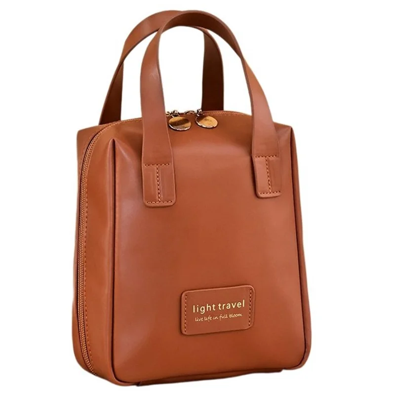 PU Leather Handheld Makeup Bag Travel Large Capacity Portable Cosmetics Storage Bag - Brown
