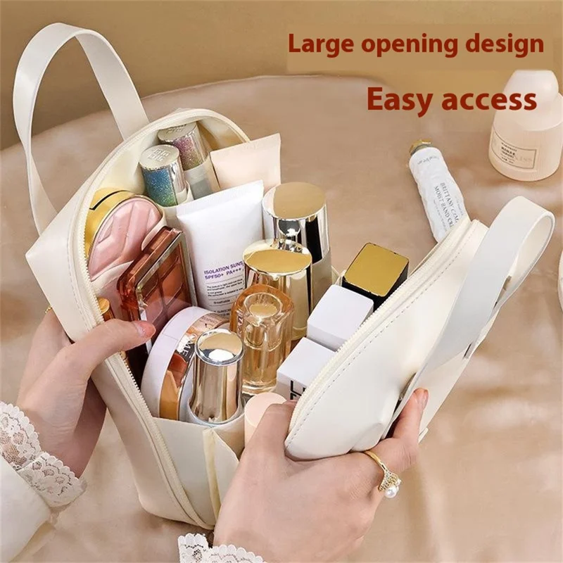 PU Leather Handheld Makeup Bag Travel Large Capacity Portable Cosmetics Storage Bag - Brown