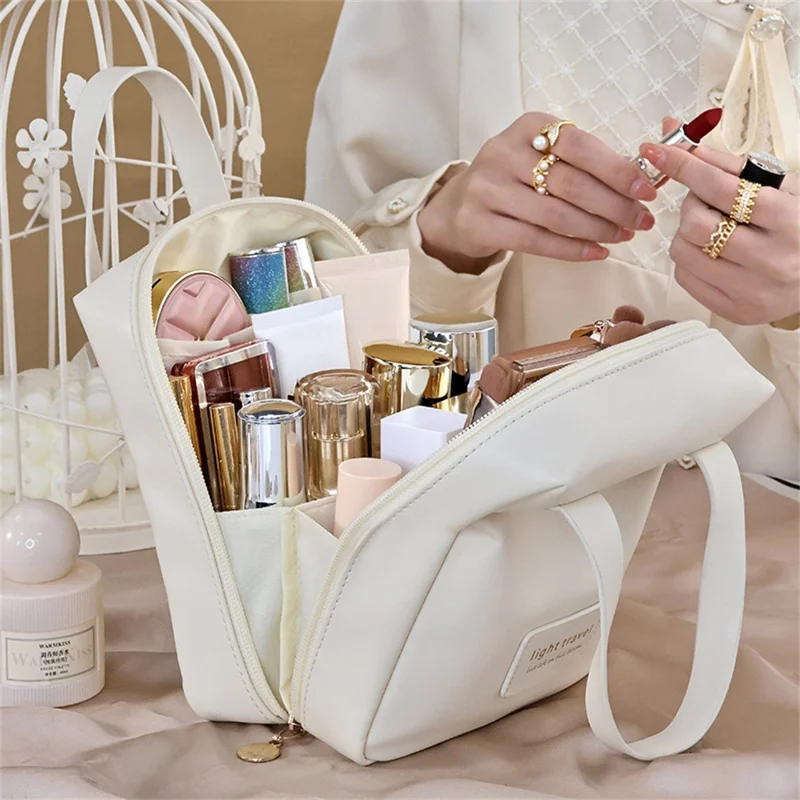 PU Leather Handheld Makeup Bag Travel Large Capacity Portable Cosmetics Storage Bag - Brown