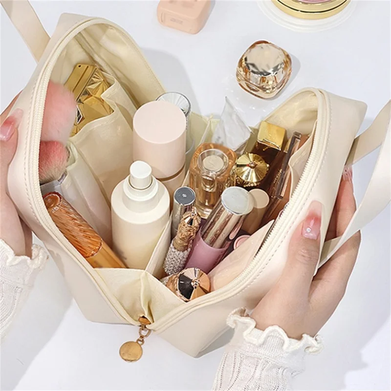 PU Leather Handheld Makeup Bag Travel Large Capacity Portable Cosmetics Storage Bag - Brown