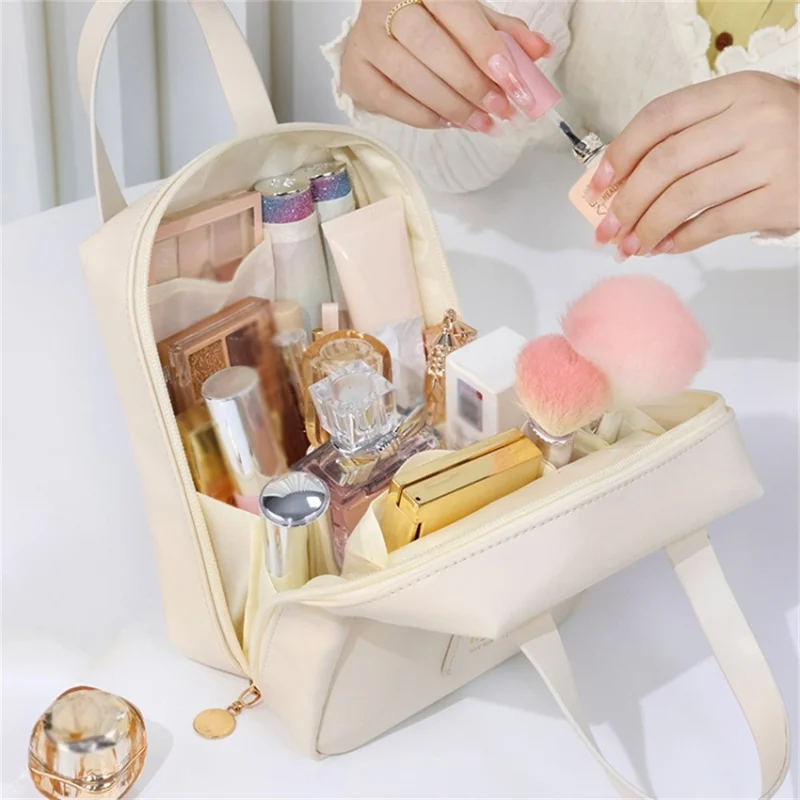 PU Leather Handheld Makeup Bag Travel Large Capacity Portable Cosmetics Storage Bag - Brown