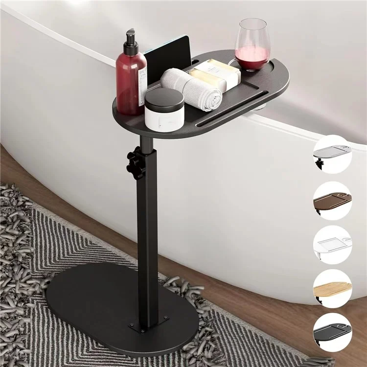 Table d'appoint en forme de C, en bambou, hauteur ajustable, pour salle de bain, table étroite, organisateur pivotant à 360 degrés - Noir