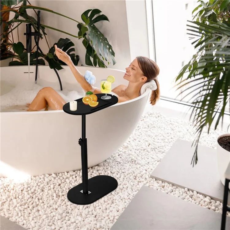 Table d'appoint en forme de C, en bambou, hauteur ajustable, pour salle de bain, table étroite, organisateur pivotant à 360 degrés - Noir