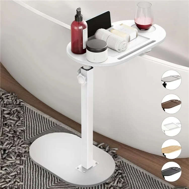 C Shaped End Table Adjustable Height Bamboo Wood Bathroom Narrow Side 360 Degree Rotating Organizer Desk - White