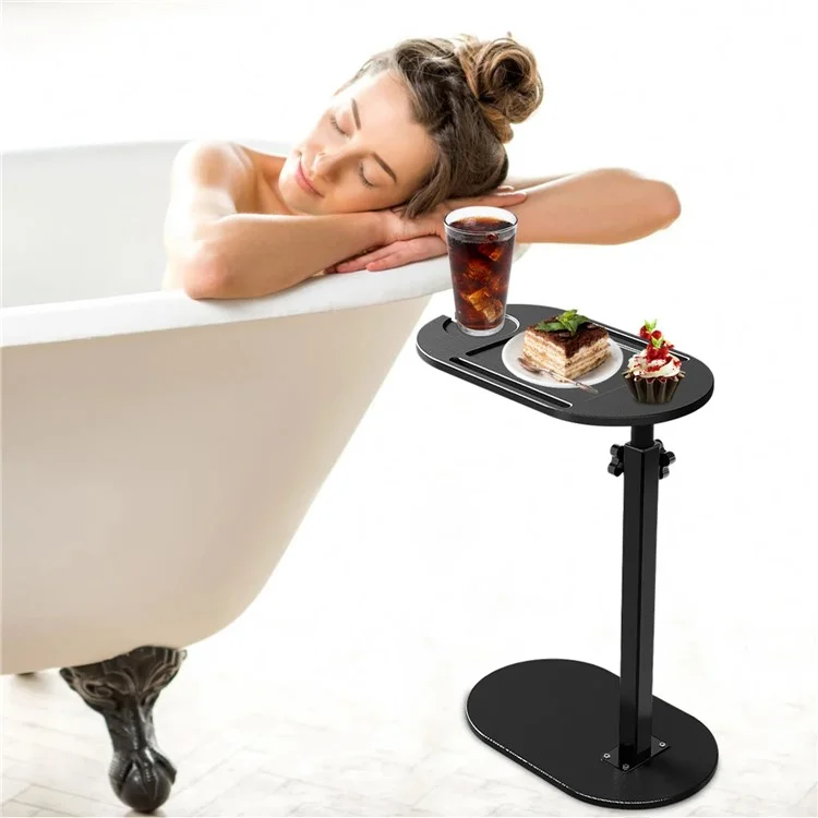 C Shaped End Table Adjustable Height Bamboo Wood Bathroom Narrow Side 360 Degree Rotating Organizer Desk - White