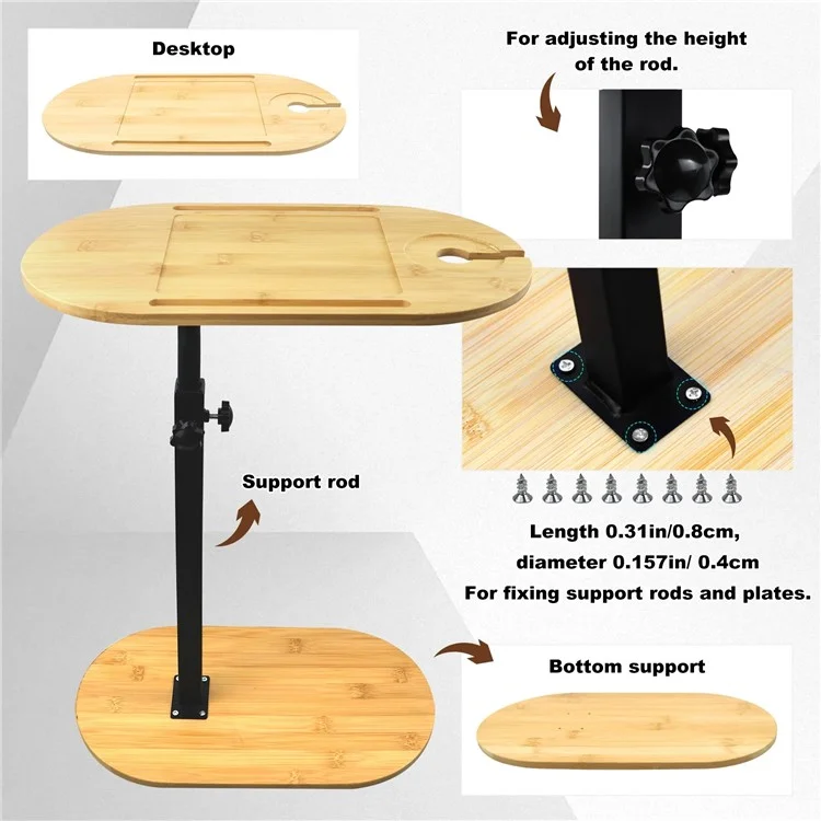 C Shaped End Table Adjustable Height Bamboo Wood Bathroom Narrow Side 360 Degree Rotating Organizer Desk - White