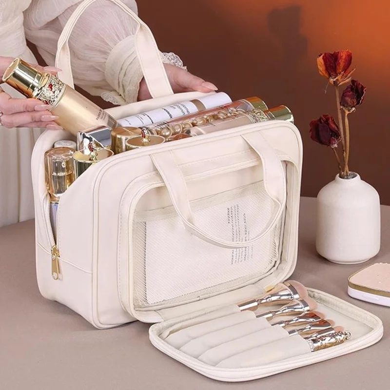 8080 Large Capacity Makeup Organizer PU Leather Portable Cosmetic Bag for Travel  /  Home  /  Work - Brown