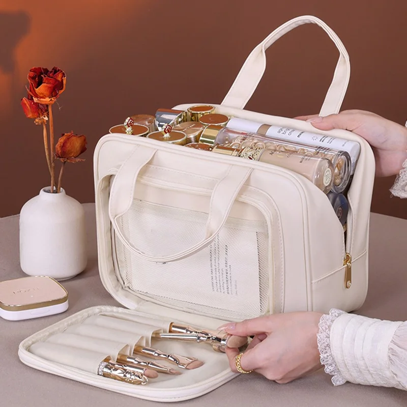 8080 Large Capacity Makeup Organizer PU Leather Portable Cosmetic Bag for Travel  /  Home  /  Work - Brown