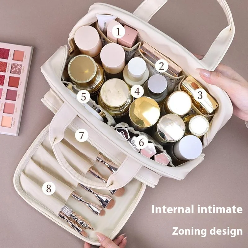 8080 Large Capacity Makeup Organizer PU Leather Portable Cosmetic Bag for Travel  /  Home  /  Work - Brown