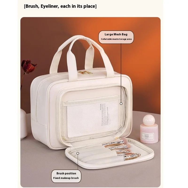 8080 Large Capacity Makeup Organizer PU Leather Portable Cosmetic Bag for Travel  /  Home  /  Work - Brown