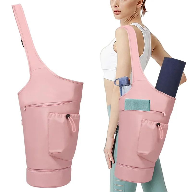 Yoga Mat Carrier Bag Large Opening Polyester Gym Bag with Waterproof Pocket and Drawstring Water Bottle Holder - Pink