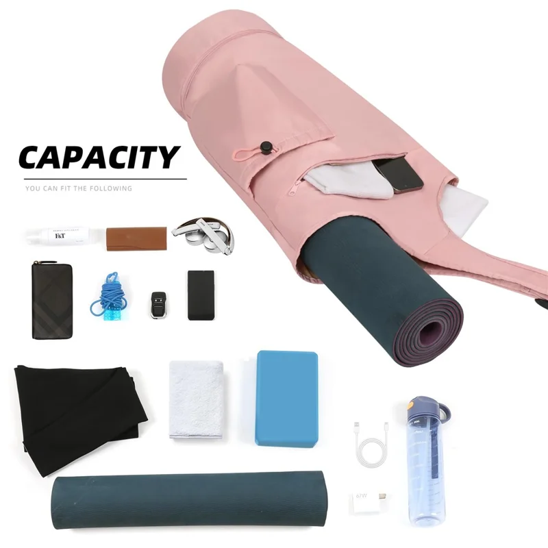 Yoga Mat Carrier Bag Large Opening Polyester Gym Bag with Waterproof Pocket and Drawstring Water Bottle Holder - Pink