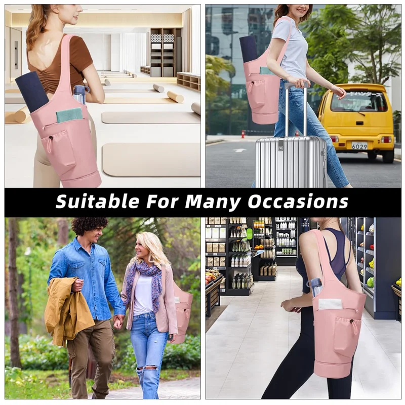 Yoga Mat Carrier Bag Large Opening Polyester Gym Bag with Waterproof Pocket and Drawstring Water Bottle Holder - Pink