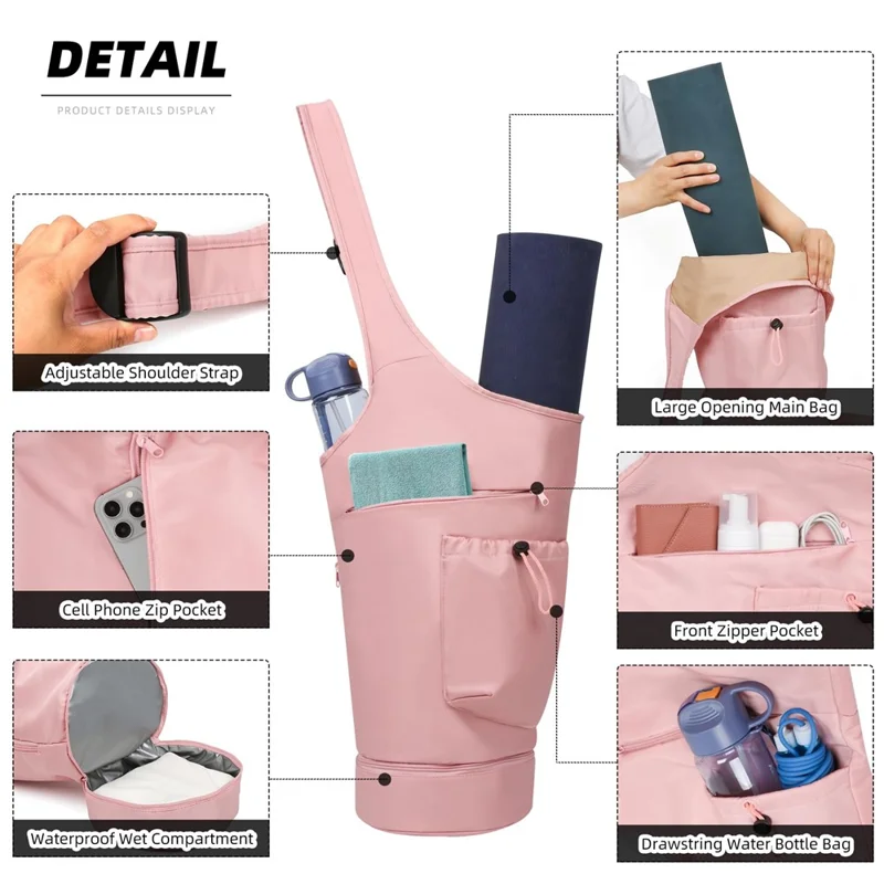 Yoga Mat Carrier Bag Large Opening Polyester Gym Bag with Waterproof Pocket and Drawstring Water Bottle Holder - Pink