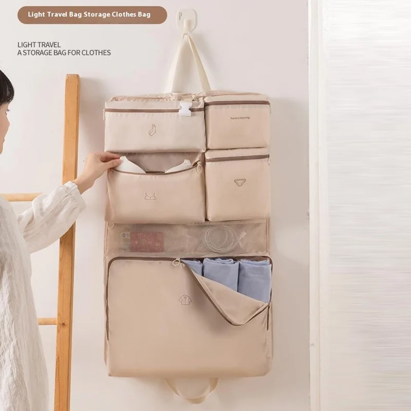 GD06 Borsa Organizer Sospesa da Viaggio per Vestiti e Biancheria Intima, Porta-Abiti da Valigia - Beige