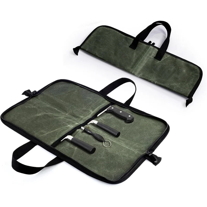 Camping Knife Roll Bag Waxed Canvas Outdoor Picnic Utensil Organizer Portable Knife Carrier - Army Green