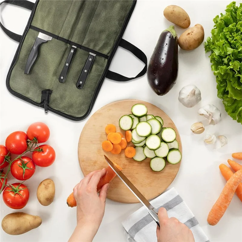 Camping Knife Roll Bag Waxed Canvas Outdoor Picnic Utensil Organizer Portable Knife Carrier - Army Green