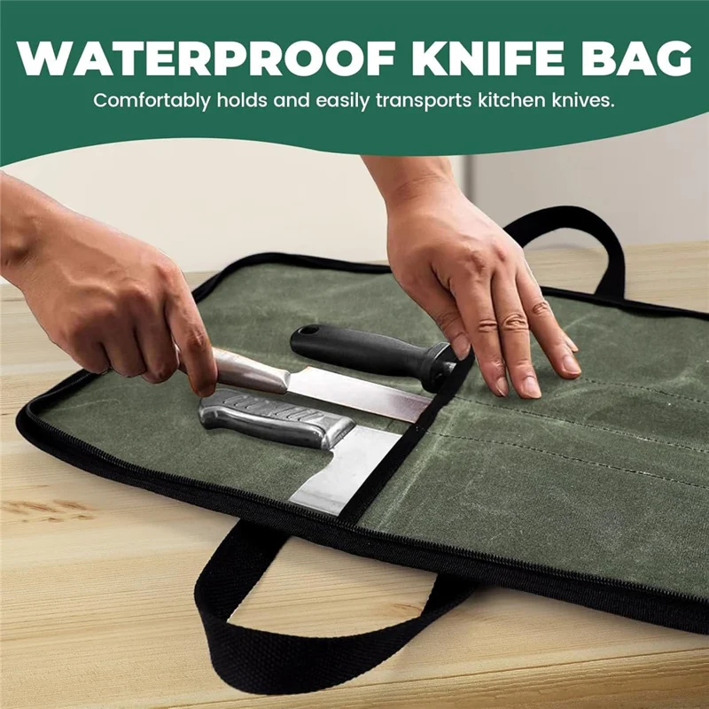 Camping Knife Roll Bag Waxed Canvas Outdoor Picnic Utensil Organizer Portable Knife Carrier - Army Green