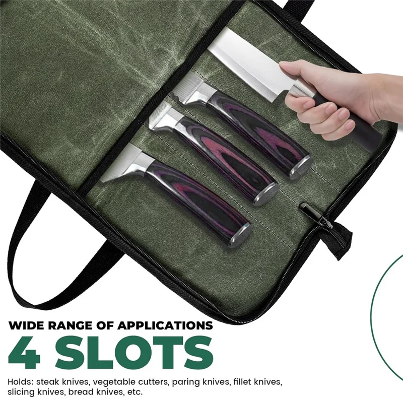 Camping Knife Roll Bag Waxed Canvas Outdoor Picnic Utensil Organizer Portable Knife Carrier - Army Green