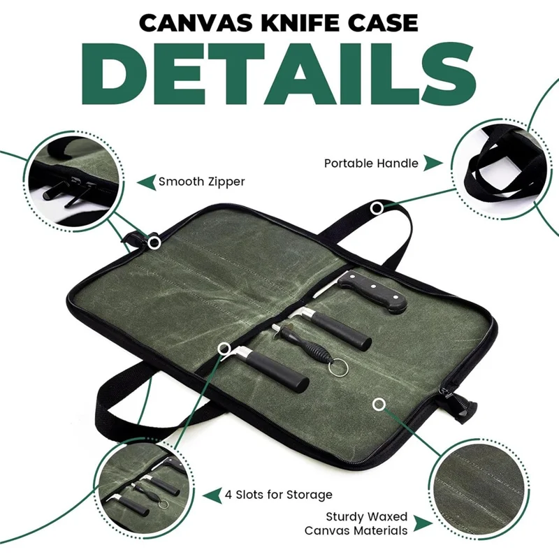 Camping Knife Roll Bag Waxed Canvas Outdoor Picnic Utensil Organizer Portable Knife Carrier - Army Green
