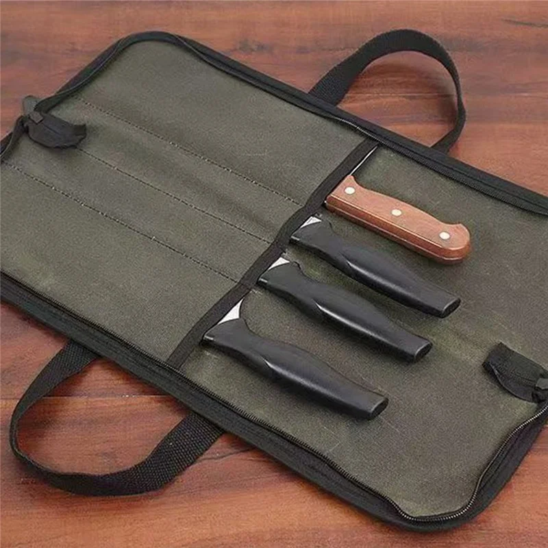 Camping Knife Roll Bag Waxed Canvas Outdoor Picnic Utensil Organizer Portable Knife Carrier - Army Green