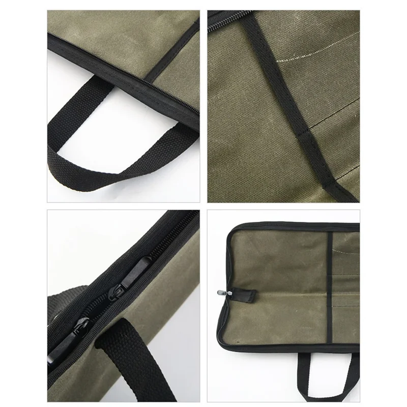 Camping Knife Roll Bag Waxed Canvas Outdoor Picnic Utensil Organizer Portable Knife Carrier - Army Green