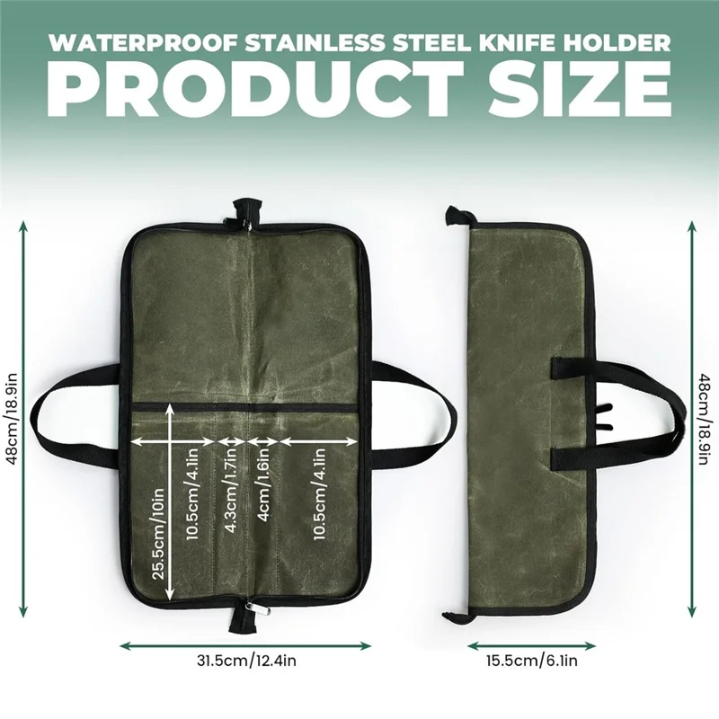 Camping Knife Roll Bag Waxed Canvas Outdoor Picnic Utensil Organizer Portable Knife Carrier - Army Green