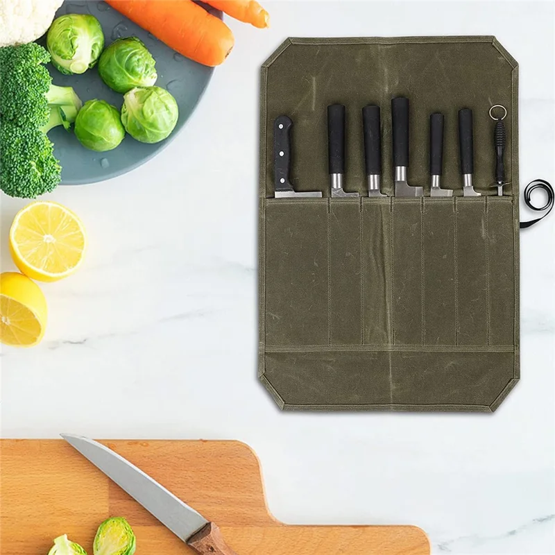 Portable 7 Slots Knives Holder Protector Pouch Waxed Canvas Chef Knife Organizer Roll Bag - Army Green