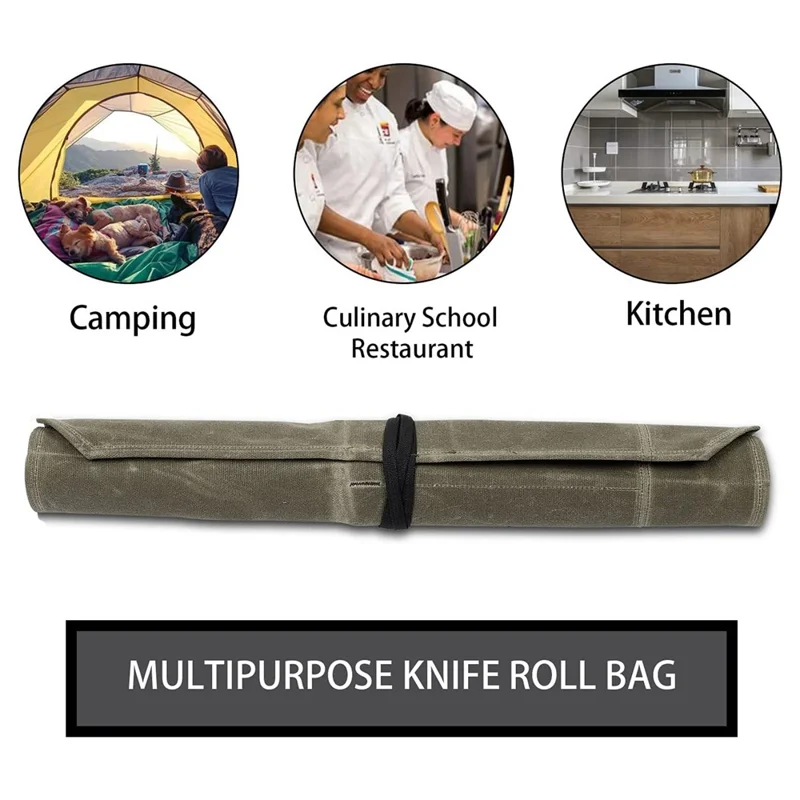 Portable 7 Slots Knives Holder Protector Pouch Waxed Canvas Chef Knife Organizer Roll Bag - Army Green