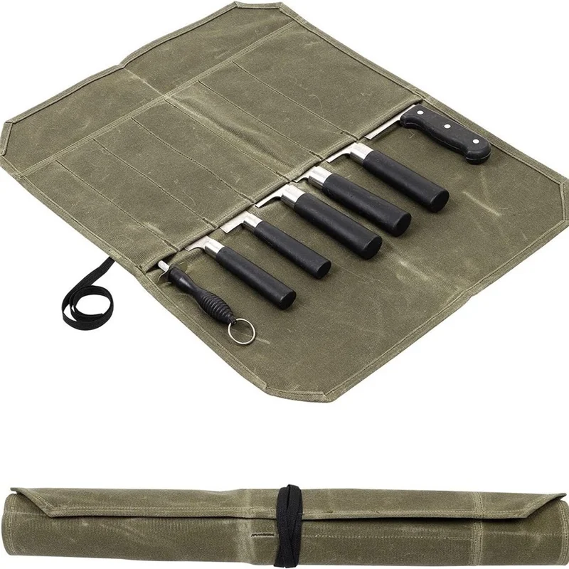 Portable 7 Slots Knives Holder Protector Pouch Waxed Canvas Chef Knife Organizer Roll Bag - Army Green
