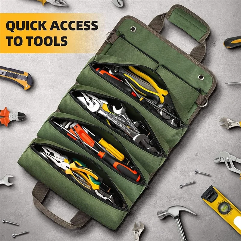 Multi Pocket Screwdriver Hardware Tools Pouch Oxford Fabric Roll Up Portable Electrician Toolkit Organizer Bag - Army Green