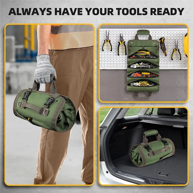 Multi Pocket Screwdriver Hardware Tools Pouch Oxford Fabric Roll Up Portable Electrician Toolkit Organizer Bag - Army Green