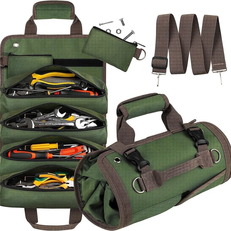 Multi Pocket Screwdriver Hardware Tools Pouch Oxford Fabric Roll Up Portable Electrician Toolkit Organizer Bag - Army Green