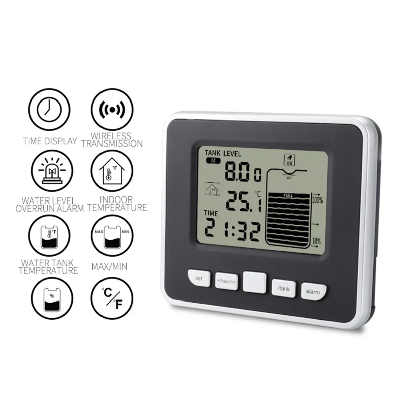 Multifunctional Ultrasonic Water Tank Level Meter with Indoor Temperature Display Digital Electronic Clock Thermometer