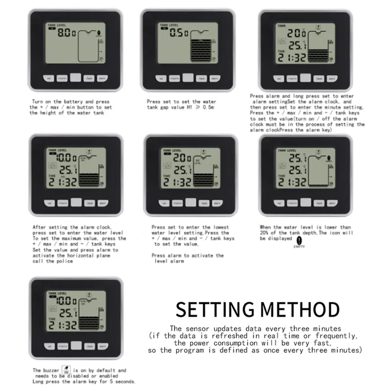 Multifunctional Ultrasonic Water Tank Level Meter with Indoor Temperature Display Digital Electronic Clock Thermometer