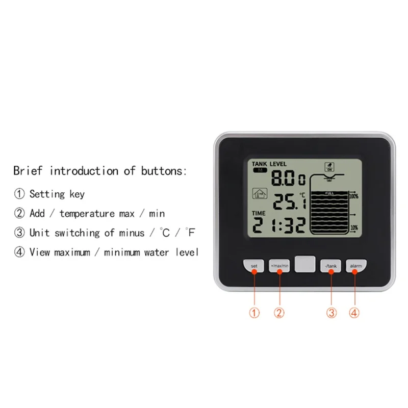 Multifunctional Ultrasonic Water Tank Level Meter with Indoor Temperature Display Digital Electronic Clock Thermometer