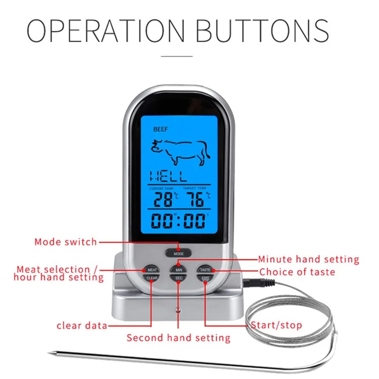 TS-BN52 Termometro digitale per alimenti con timer BBQ Griglia Cottura Temperatura della carne Cucina (No FDA, senza BPA) - Argento
