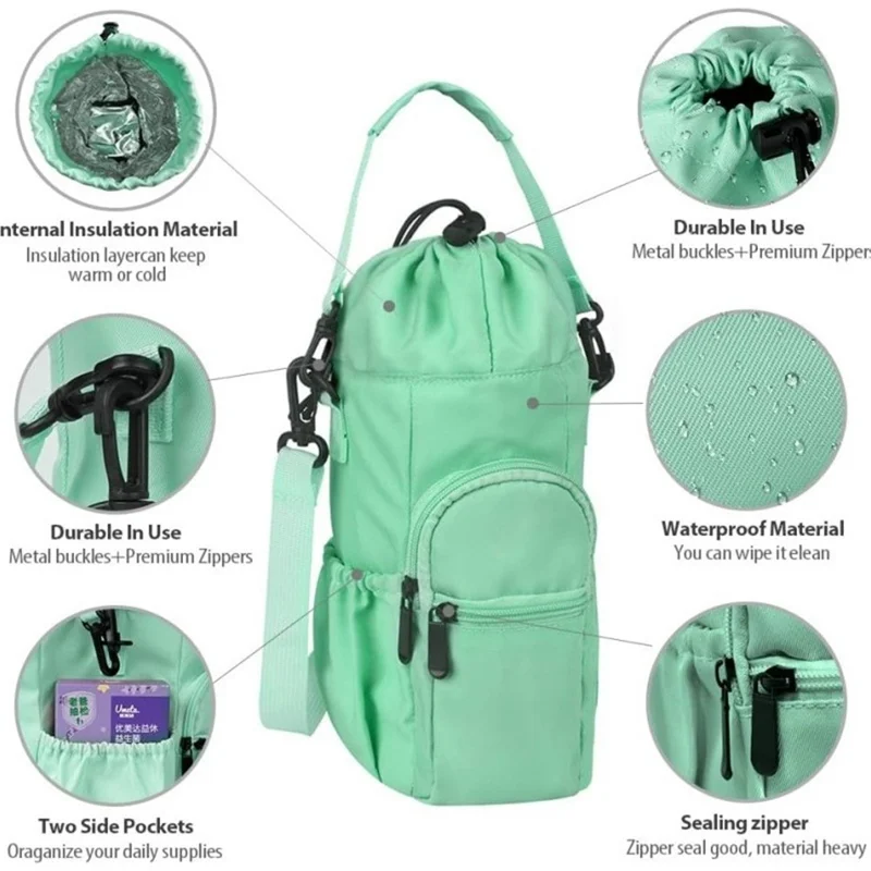 Insulated Water Bottle Holder Carrier Shoulder Bag Crossbody Sleeve Pouch with Adjustable Strap - Pink