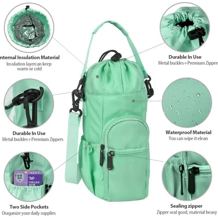 Insulated Water Bottle Holder Carrier Shoulder Bag Crossbody Sleeve Pouch with Adjustable Strap - Black