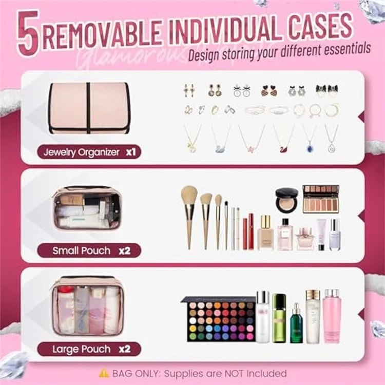 Cosmetic Travel Bag Organizer with Detachable Compartments Jewelry Storage Multiple Pouches Makeup Case