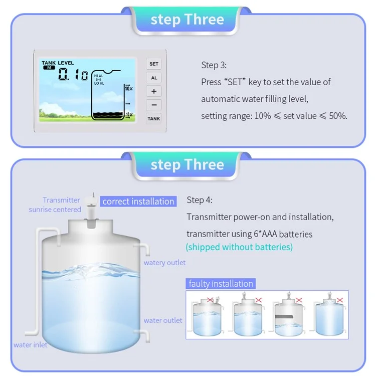 TS-FT005 Medidor de Nivel de Tanque de Agua Ultrasónico con Pantalla Digital de 4,3 Pulgadas, Alarma de Nivel Alto y Bajo con Retroiluminación