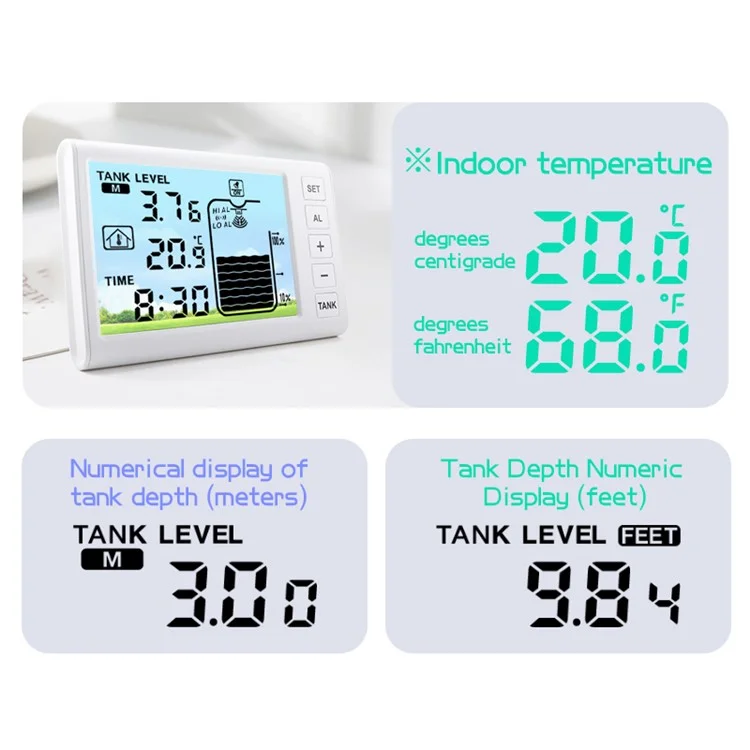 TS-FT005 Medidor de Nivel de Tanque de Agua Ultrasónico con Pantalla Digital de 4,3 Pulgadas, Alarma de Nivel Alto y Bajo con Retroiluminación