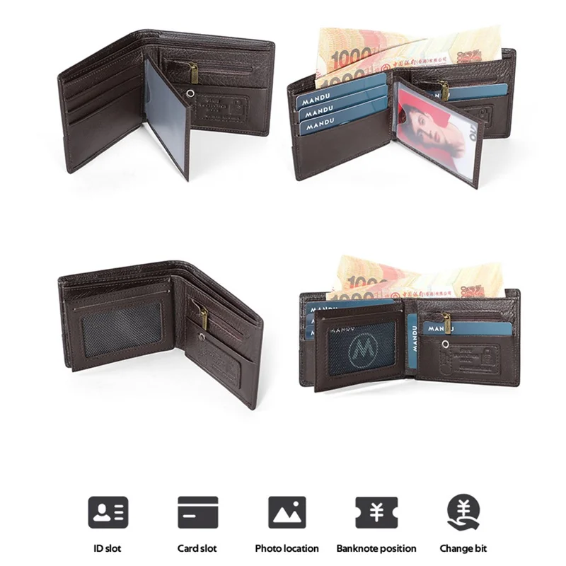 MANDU Mens Wallet Short Bifold RFID Blocking Multi Card Slots Large Capacity Slim Wallet - Brown