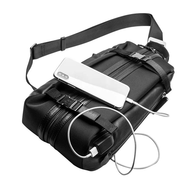 QIALINO Multifunctional Crossbody Bag with USB Port Genuine Cow Leather Chest Pouch Lightweight Casual Waist Bag for Men / Women