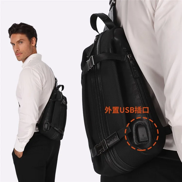 QIALINO Multifunctional Crossbody Bag with USB Port Genuine Cow Leather Chest Pouch Lightweight Casual Waist Bag for Men / Women