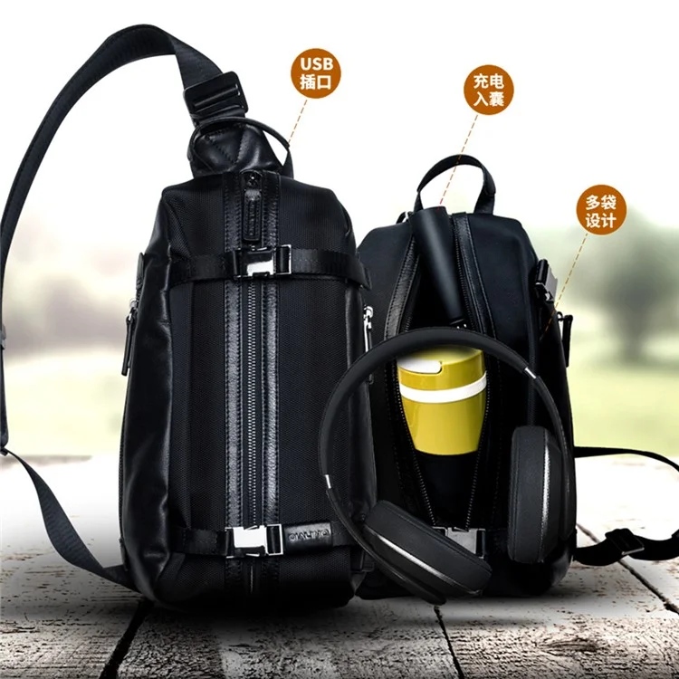 QIALINO Multifunctional Crossbody Bag with USB Port Genuine Cow Leather Chest Pouch Lightweight Casual Waist Bag for Men / Women
