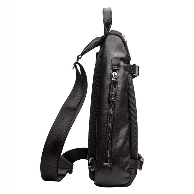 QIALINO Multifunctional Crossbody Bag with USB Port Genuine Cow Leather Chest Pouch Lightweight Casual Waist Bag for Men / Women