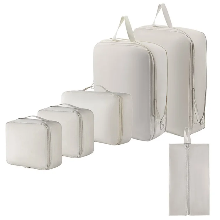 6Pcs / Set Travel Compression Packing Bags Memory Like Fabric Luggage Organizer Clothes Toiletries Storage Bags - Beige